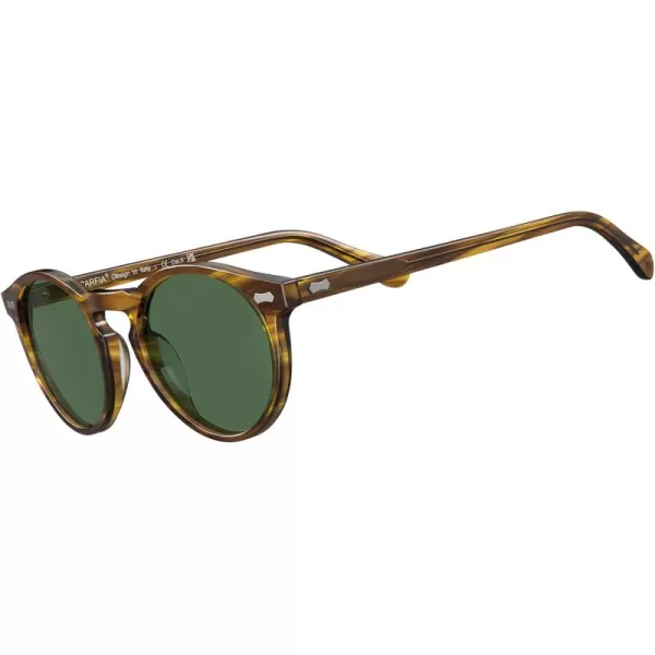 CARFIA Retro Round Polarized Sunglasses for Men Acetate Frame UV400 Driving Sun Glasses1 Striped Brown Frame Green Lens