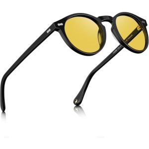 imageCARFIA Acetate Mens Nighttime Driving Glasses Retro Round Frame Night Vision Goggles Reduce Headlight Glare Ehance Clarity2  Black Frame Yellow Lensnight Vision