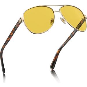 imageCARFIA Pilot Night Driving Glasses for Women Men Trendy Night Vision Goggles Reduce Glare Enhance Clarity for Safety CA3216Shiny Gold Frame  Brown Tortoise Temple