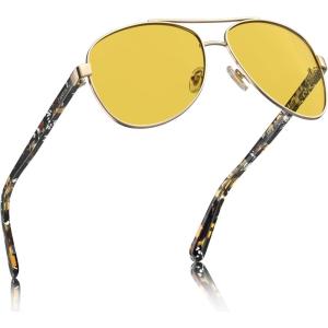 imageCARFIA Pilot Night Driving Glasses for Women Men Trendy Night Vision Goggles Reduce Glare Enhance Clarity for Safety CA3216Shiny Gold Frame  Exquisite Tortoise Temple