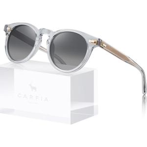 imageCARFIA Retro Acetate Polarized Sunglasses for Men UV Protection Vintage Round Frame Eyewear with Gold Filigree CA5506F Clear Light Gray Frame  Gray Gradient Lens