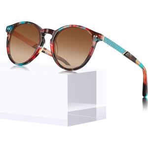 imageCARFIA Retro Acetate Polarized Sunglasses for Women UV400 Protection Small Round Frame Vintage Circle Shades CA5201A1 Red  Blue Floral Frame Brown Lens