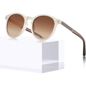 imageCARFIA Retro Acetate Polarized Sunglasses for Women UV400 Protection Small Round Frame Vintage Circle Shades CA5201D Matte Frosted Clear Frame Brown Lens