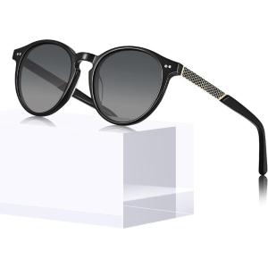 imageCARFIA Retro Acetate Polarized Sunglasses for Women UV400 Protection Small Round Frame Vintage Circle Shades CA5201E Black Frame Grey Lens