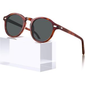 imageCARFIA Round Acetate Small Face Polarized Sunglasses for Women Fashion Retro Sun Glasses CA52662 Coffee Tortoise Frame Grey Lenses