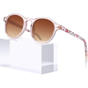 imageCARFIA Round Acetate Small Face Polarized Sunglasses for Women Fashion Retro Sun Glasses CA52664 Crystal Pink Frame Brown Gradient Lenses