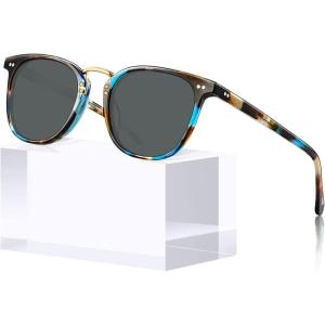 imageCARFIA Small Face Acetate Polarized Sunglasses for Women UV Protection Retro Trendy Eyewear Metal Bridge Brow Ladies Sunnies4 Blue Tortoise Frame Grey Lens