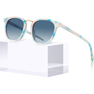 imageCARFIA Small Face Acetate Polarized Sunglasses for Women UV Protection Retro Trendy Eyewear Metal Bridge Brow Ladies Sunnies7 Blue White Marble Tortoise Frame Gradient Blue Lens