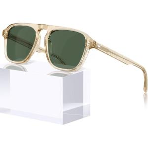 imageCARFIA Acetate Polarized Mens Sunglasses  Pilot Design UV Protection CA53553 Transparent Light Brown Frame Green Lens