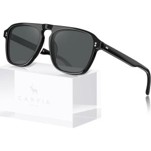 imageCARFIA Acetate Polarized Mens Sunglasses  Pilot Design UV Protection CA53556 Black Frame Grey Lens