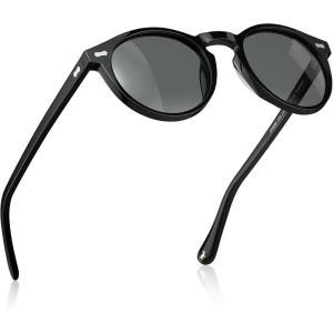 imageCARFIA Acetate Polarized Sunglasses for Men Retro Classic Round Shades1 Black Frame Grey Polarized Lens