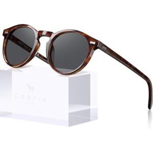 imageCARFIA Acetate Polarized Sunglasses for Men Retro Classic Round Shades2 Coffee Tortoise Frame Grey Lens