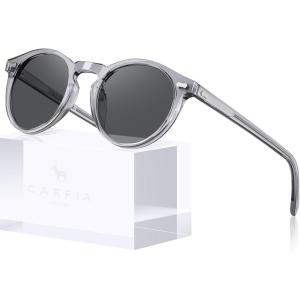 imageCARFIA Acetate Polarized Sunglasses for Men Retro Classic Round Shades3 Transparent Grey Frame Grey Lens