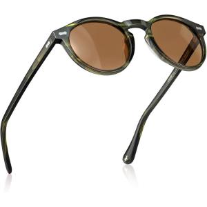 imageCARFIA Acetate Polarized Sunglasses for Men Retro Classic Round Shades5 Green Striped Frame Brown Lens