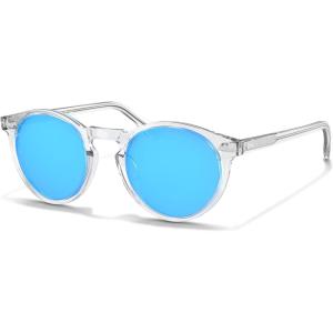 imageCARFIA Acetate Polarized Sunglasses for Men Retro Classic Round Shades6 Clear Frame Ice Blue Mirror
