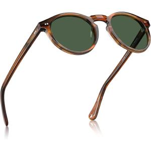 imageCARFIA Acetate Vintage Round Polarized Sunglasses for Men UV400 Lenses Handcrafted Frame3 Striped Brown Frame Green Lenses