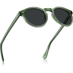 imageCARFIA Acetate Vintage Round Polarized Sunglasses for Men UV400 Lenses Handcrafted Frame5 Transparent Green Frame Gray Lens