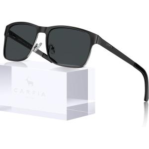 imageCARFIA Metal Mens Sunglasses Polarized  UV400 Protection Cool Shades with Grid Pattern ampamp Leather Case CA5223A Matte Black  Dark Gunmetal Frame  Grey Lens