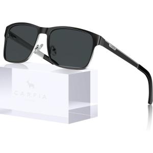 imageCARFIA Metal Mens Sunglasses Polarized  UV400 Protection Cool Shades with Grid Pattern ampamp Leather Case CA5223B Matte Black  Silver Frame  Grey Lens