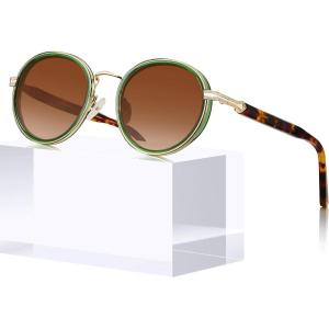 imageCARFIA AcetateMetal Frame Round Sunglasses for Women Polarized UV Protection Stylish Designer Eyewear CA19511translucent Green Frame  Gradual Brown Lens