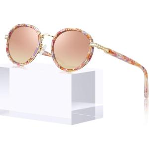 imageCARFIA AcetateMetal Frame Round Sunglasses for Women Polarized UV Protection Stylish Designer Eyewear CA19512flower Tortoiseshell Frame  Pink Lens