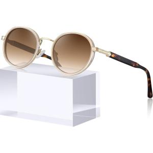 imageCARFIA AcetateMetal Frame Round Sunglasses for Women Polarized UV Protection Stylish Designer Eyewear CA19513white Brown Frame Gradual Tea Lens