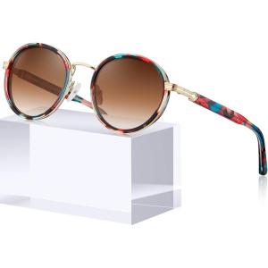 imageCARFIA AcetateMetal Frame Round Sunglasses for Women Polarized UV Protection Stylish Designer Eyewear CA19515saffron Frame Gradual Tea Lens