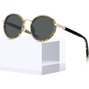 imageCARFIA AcetateMetal Frame Round Sunglasses for Women Polarized UV Protection Stylish Designer Eyewear CA19516white and Yellow Checkered Line Frame Grey Lens