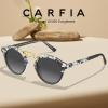 imageCARFIA Small Face Acetate Polarized Sunglasses for Women UV Protection Retro Double Bridge Eyewears Metal Brow Round Sunnies5 Black White Tortoise Frame Gradient Grey Lens