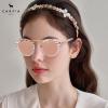 imageCARFIA Small Face Acetate Polarized Sunglasses for Women UV Protection Retro Double Bridge Eyewears Metal Brow Round Sunnies83 Pink White Tortoise Frame Pink Mirrored