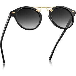 imageCARFIA Small Face Acetate Polarized Sunglasses for Women UV Protection Retro Double Bridge Eyewears Metal Brow Round Sunnies1 Black Frame Gradient Grey Lens