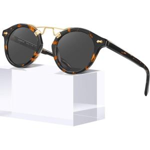 imageCARFIA Small Face Acetate Polarized Sunglasses for Women UV Protection Retro Double Bridge Eyewears Metal Brow Round Sunnies3 Tortoise Frame Grey Lens