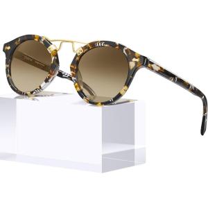 imageCARFIA Small Face Acetate Polarized Sunglasses for Women UV Protection Retro Double Bridge Eyewears Metal Brow Round Sunnies4 Tortoise Frame Gradient Brown Lens