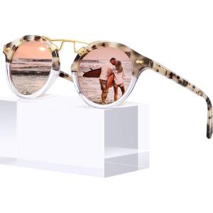 imageCARFIA Small Face Acetate Polarized Sunglasses for Women UV Protection Retro Double Bridge Eyewears Metal Brow Round Sunnies51 Pink Mirror Pink Tortoise Frame