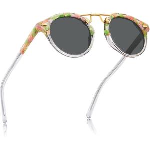 imageCARFIA Small Face Acetate Polarized Sunglasses for Women UV Protection Retro Double Bridge Eyewears Metal Brow Round Sunnies6 Green Tortoise Frame Grey Lens