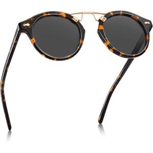 imageCARFIA Small Face Acetate Polarized Sunglasses for Women UV Protection Retro Double Bridge Eyewears Metal Brow Round Sunnies7 Yellow Tortoise Frame Grey Lens