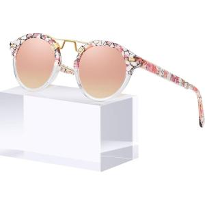 imageCARFIA Small Face Acetate Polarized Sunglasses for Women UV Protection Retro Double Bridge Eyewears Metal Brow Round Sunnies83 Pink White Tortoise Frame Pink Mirrored