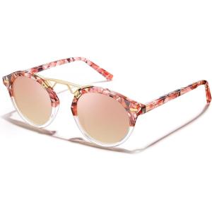 imageCARFIA Small Face Acetate Polarized Sunglasses for Women UV Protection Retro Double Bridge Eyewears Metal Brow Round Sunnies84 Sakura Tortoise Frame Pink Mirrored