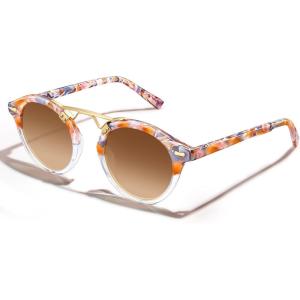 imageCARFIA Double Bridge Small Acetate Sunglasses for Women Polarized Retro Metal Brow Ladies Sunnies Fashion Round Eyewears2 Pink Flower Tortoise Frame Gradient Brown Lens