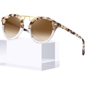 imageCARFIA Double Bridge Small Acetate Sunglasses for Women Polarized Retro Metal Brow Ladies Sunnies Fashion Round Eyewears40 Pink White Tortoise Frame Gradient Brown Lens