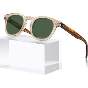 imageCARFIA Cool Retro Acetate Sunglasses for Men Polarized UV Protection Keyhole Round Shades with Embossed Pattern Wire Core1 Clear Yellow Frame Green Lens