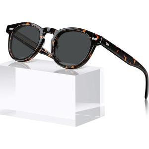 imageCARFIA Cool Retro Acetate Sunglasses for Men Polarized UV Protection Keyhole Round Shades with Embossed Pattern Wire Core2 Tortoise Frame Grey Lens