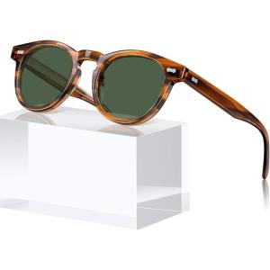 imageCARFIA Cool Retro Acetate Sunglasses for Men Polarized UV Protection Keyhole Round Shades with Embossed Pattern Wire Core31 Brown Striped Frame Green Lens