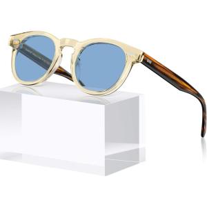 imageCARFIA Cool Retro Acetate Sunglasses for Men Polarized UV Protection Keyhole Round Shades with Embossed Pattern Wire Core51 Yellowish Frame Blue Lens