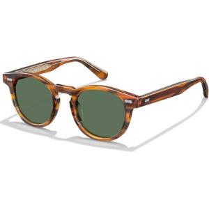 imageCARFIA Cool Retro Acetate Sunglasses for Men Polarized UV Protection Keyhole Round Shades with Embossed Pattern Wire Core53 Light Brown Striped Frame Green Lens