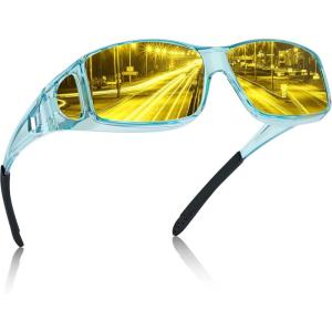 imageCARFIA Night Driving Glasses for Men Women Fit Over Night Vision Glasses Anti Glare Yellow Lens3 Transparent Blue Frame Yellow Lens