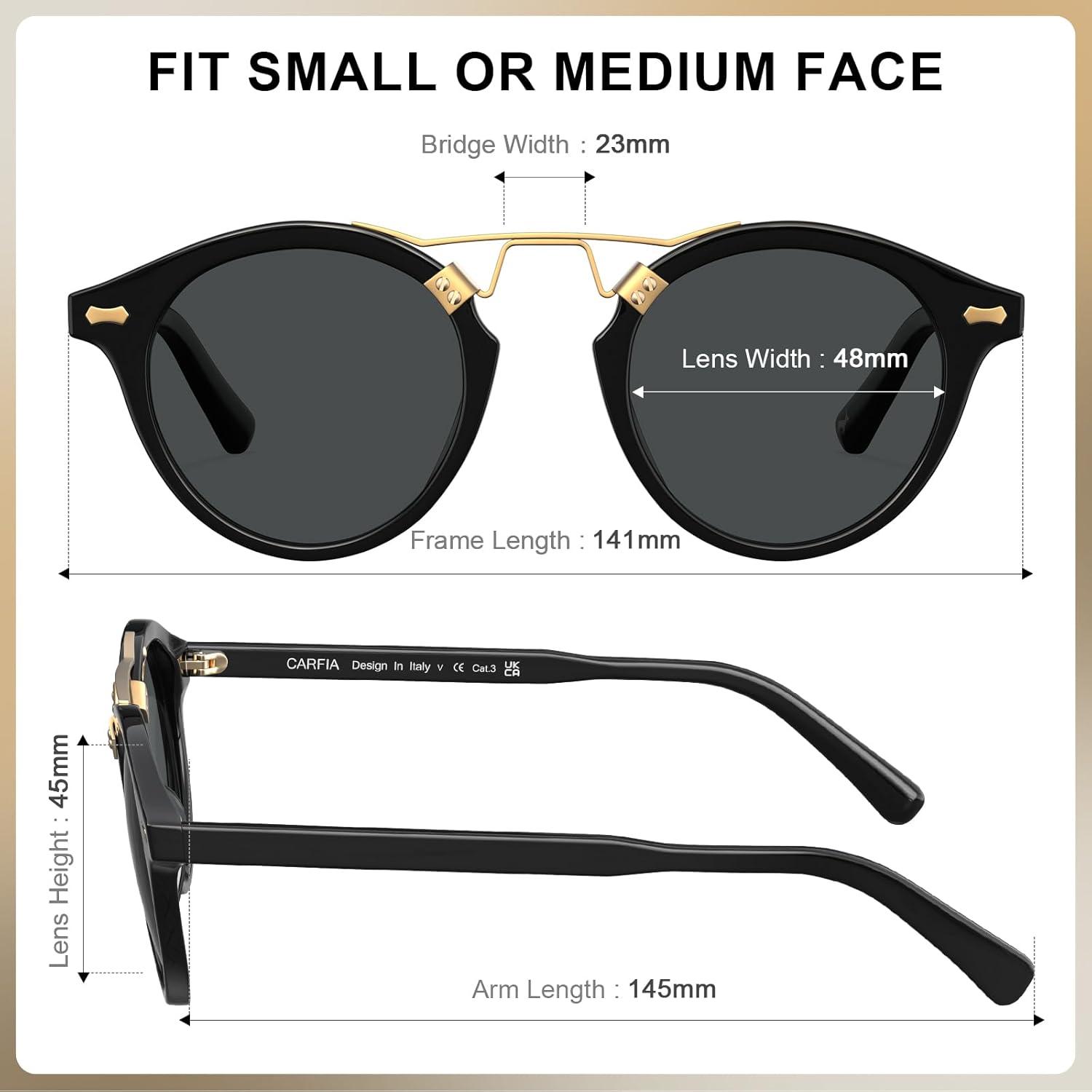 imageCARFIA Double Bridge Acetate Polarized Sunglasses for Men UV Protection Retro Cool Male Eyewears Metal Brow Round Sunnies1 Black Frame Grey Lens