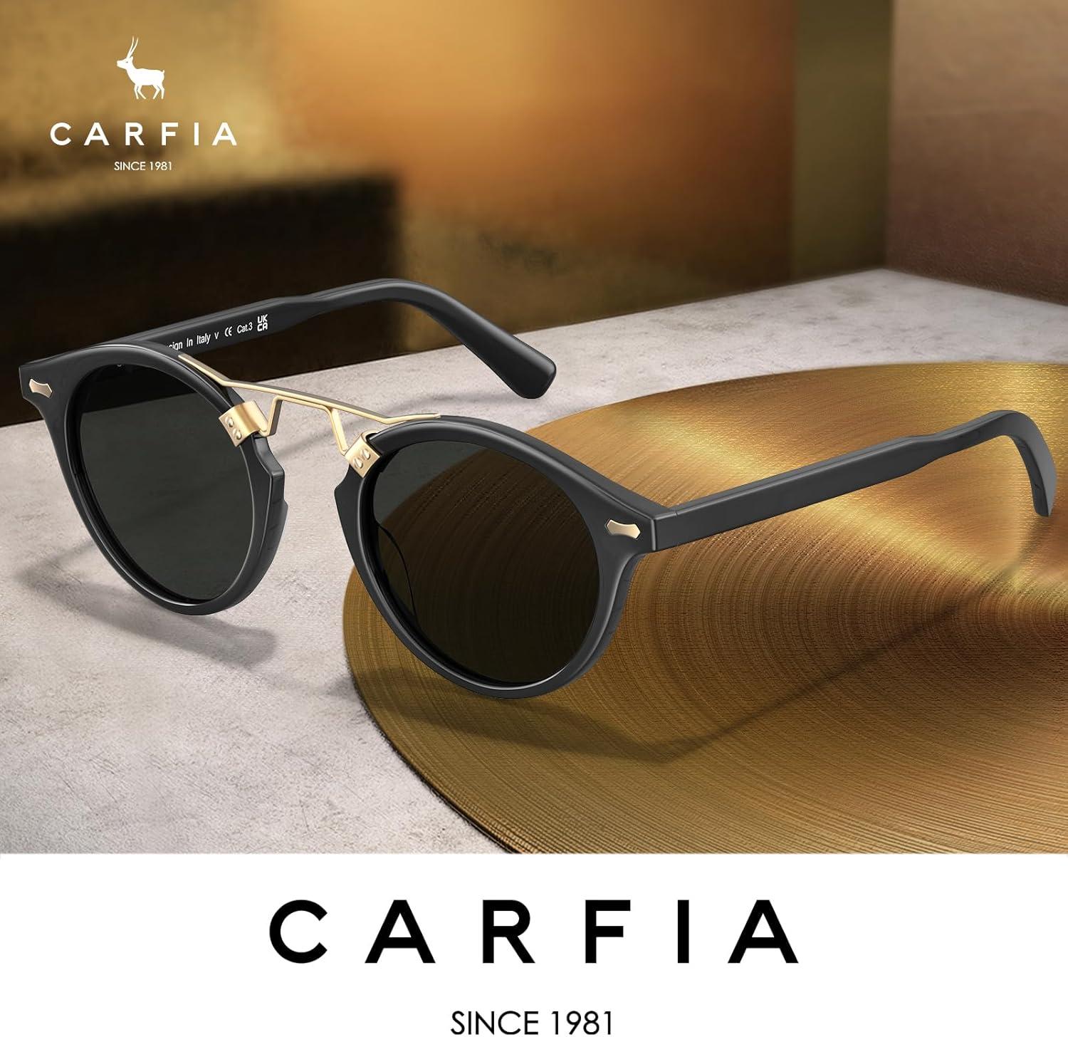 imageCARFIA Double Bridge Acetate Polarized Sunglasses for Men UV Protection Retro Cool Male Eyewears Metal Brow Round Sunnies1 Black Frame Grey Lens