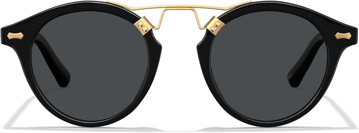 imageCARFIA Double Bridge Acetate Polarized Sunglasses for Men UV Protection Retro Cool Male Eyewears Metal Brow Round Sunnies1 Black Frame Grey Lens