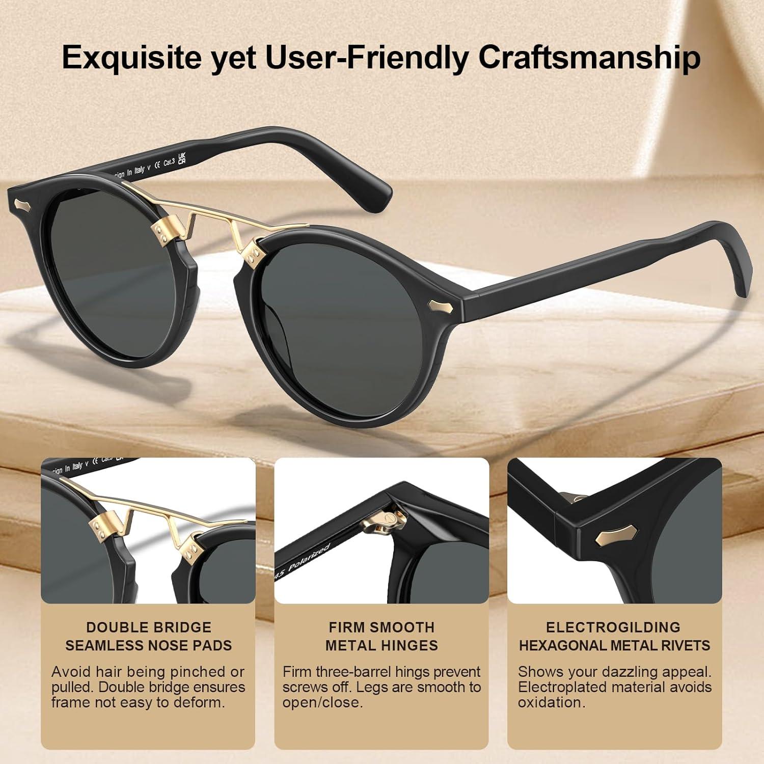 imageCARFIA Double Bridge Acetate Polarized Sunglasses for Men UV Protection Retro Cool Male Eyewears Metal Brow Round Sunnies1 Black Frame Grey Lens